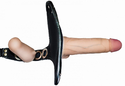 Телесный с чёрным кожаный пояс харнесс премиум класса с 3 насадками LOVETOY (А-Полимер) WOMAN LONG 303803