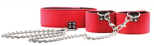 Чёрно-красный двусторонний ошейник с наручниками Reversible Collar and Wrist Cuffs Shots Media BV OU187RED