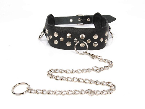 Чёрный ошейник с заклепками с металлическим поводком-цепочкой Bior toys NTB-80359