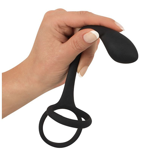 Чёрное эрекционное кольцо с утяжкой на мошонку и анальным плаг Orion Black Velvets 05329750000