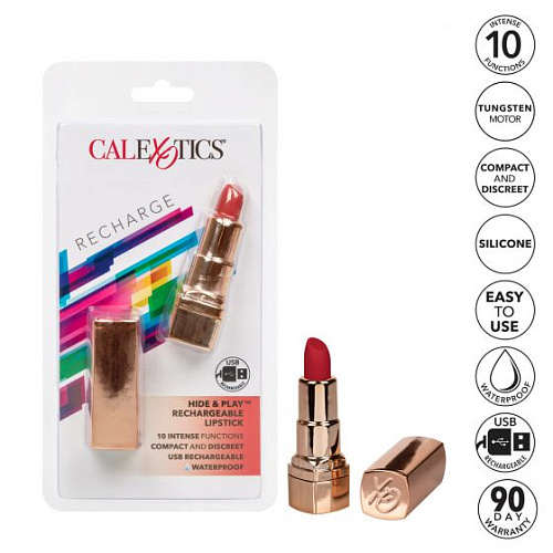 Золотистый вибратор-помада с красным мягким кончиком California Exotic Novelties Hide Play Rechargeable Lipstick SE-2930-30-2