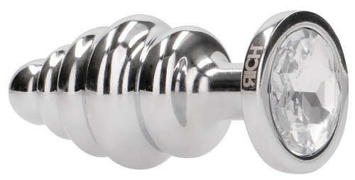 Серебристая ребристая анальная пробка с прозрачным кристаллом Shots Media BV RIC016SIL (8,3 см)