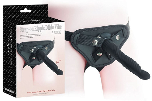 Чёрный вибрострапон Howells 6.7 inch Strap-on Ripple Dildo Vibe 92007Black (21 см)