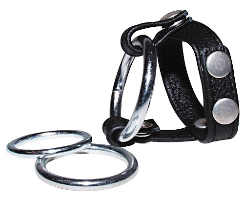 Чёрный подхват для мошонки с 3 серебристыми, съёмными эрекционными кольцами Orion Leder-Riemen 05108070000
