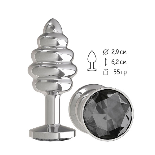 Серебристая пробка с рёбрышками и чёрным кристаллом Сумерки богов 515-09 black-DD (7 см)