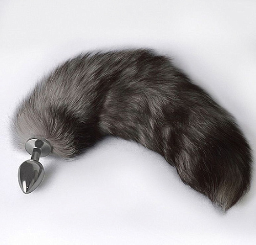 Серебристая коническая анальная пробка с пушистым хвостиком Sitabella 8027