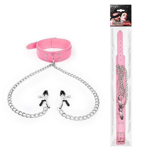 Розовый ошейник с зажимами на соски на цепочке Bior toys NTB-80549