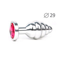 Коническая ребристая серебристая анальная втулка с малиновым кристаллом Anal Jewelry Plug AS-14-S (7,1 см)