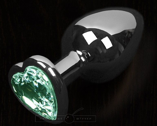 Серая анальная пробка с зелёным кристаллом в виде сердечка Пикантные штучки DP11S002M2-1LEM (8,5 см)