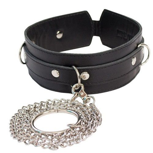 Чёрный кожаный ошейник с поводком RestArt James Neck RA-601
