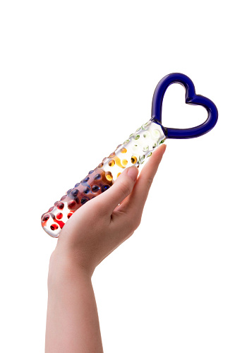 Стеклянный разноцветный фаллос с ручкой-сердцем Sexus 912017