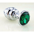 Серебристая фигурная анальная пробка с зелёным стразом 4sexdreaM 47144-2 (8 см)