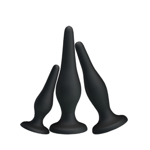 Набор из 3 чёрных силиконовых анальных пробок для начинающих Baile Mini Anal Kit BI-014456H-0801