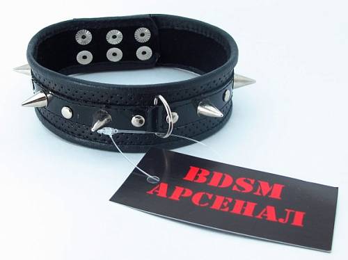 Чёрный кожаный ошейник с толстыми шипами БДСМ арсенал 55014