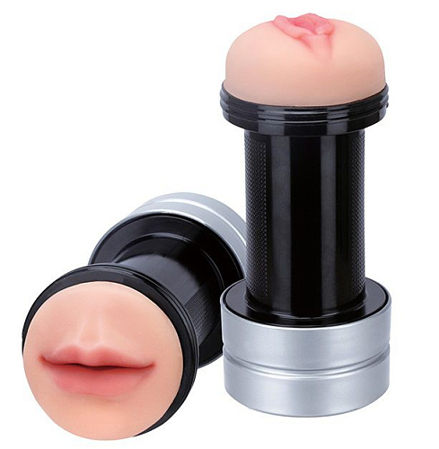 Двусторонний мастурбатор ротик и вагина чёрно-телесного цвета Dream Toys REALSTUFF 2 IN 1 HUMMER MOUTH  VAGINA - 20587