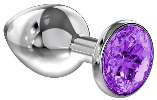 Большая серебристая анальная пробка с фиолетовым кристаллом Lola toys Diamond Purple Sparkle Large 4010-05Lola (8 см)