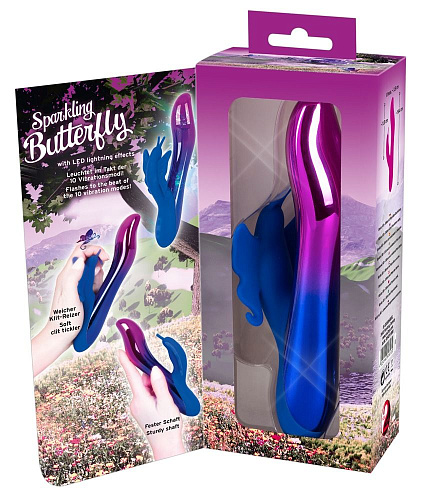 Вибростимулятор с синей клиторальной бабочкой и фиолетовой подсветкой Orion Sparkling Butterfly 05942100000 (19,4 см)