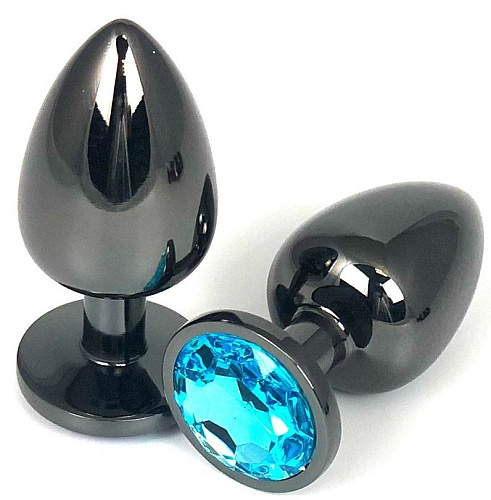 Чёрная металлическая анальная пробка с голубым стразом Vandersex 400-VBLL (9 см)