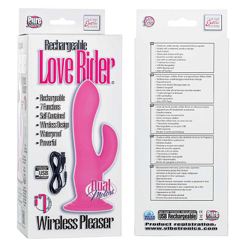 Розовый двухголовый вибратор-насадка California Exotic Novelties Rechargeable Love Rider Wireless Pleaser SE-1498-93-3 (19 см)