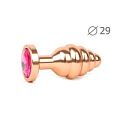Коническая ребристая золотистая анальная втулка с малиновым кристаллом Anal Jewelry Plug AG-14-S (7,1 см)