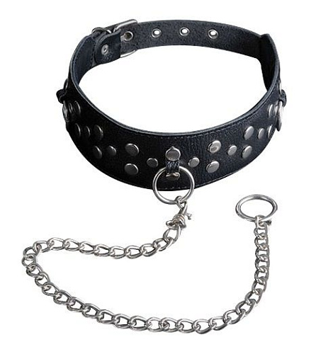 Кожаный чёрный ошейник с карабином и поводком Sitabella 3100-1