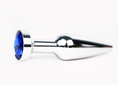 Удлиненная коническая гладкая серебристая анальная втулка с синим кристаллом Anal Jewelry Plug XSLV-13 (11,3 см)