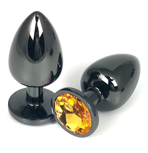Чёрная металлическая анальная пробка с оранжевым стразом Vandersex 400-VOM (7,5 см)