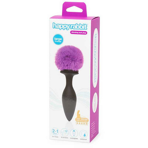 Чёрная анальная вибропробка Happy Rabbit Rechargeable Vibrating Bunny Tail Butt Plug Large 80251 (14 см)