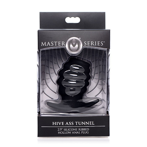 Малая чёрная анальная пробка XR Brands Hive Ass Tunnel Silicone Ribbed Hollow Anal Plug Small AF982-Small (6,86 см)