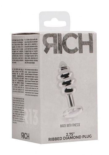 Серебристая анальная пробка с прозрачным кристаллом Shots Media BV Ribbed Diamond Plug RIC013SIL (7,3 см)