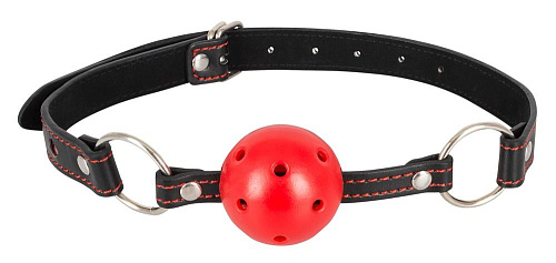 Красный кляп-шар с отверстиями для дыхания на чёрных ремешках с сердечками Orion 2492040 1001