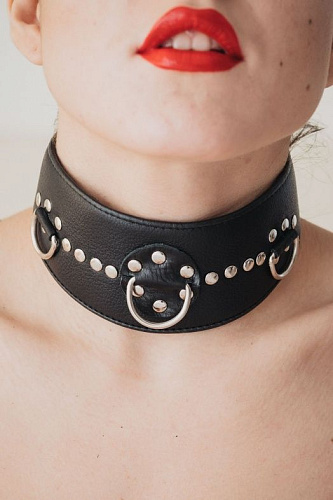 Чёрный кожаный ошейник с полукольцами и клёпками БДСМ арсенал 55022