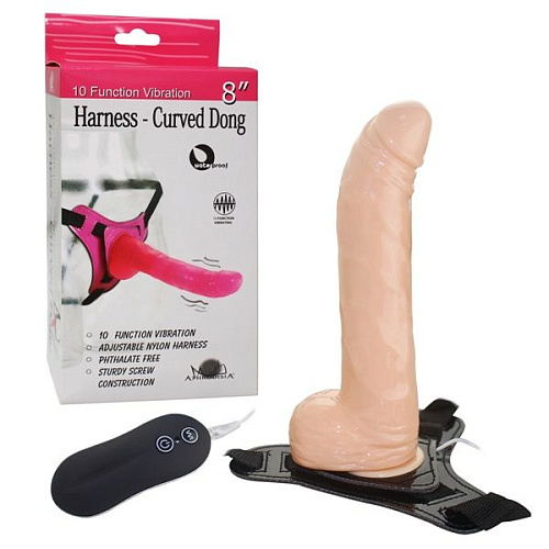 Телесный страпон Howells 10 Function Vibration 8 Harness Curved Dong 92010flesh (20,5 см)