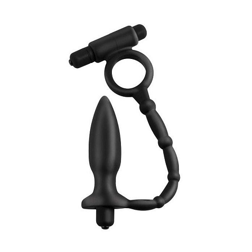 Чёрное эрекционное кольцо с вибрацией и анальный стимулятором Bior toys Cockring and Anal Pleasure SEM-55071