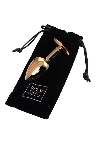 Золотистая гладкая коническая анальная пробка с красным кристаллом Штучки-дрючки 690123 (7 см)