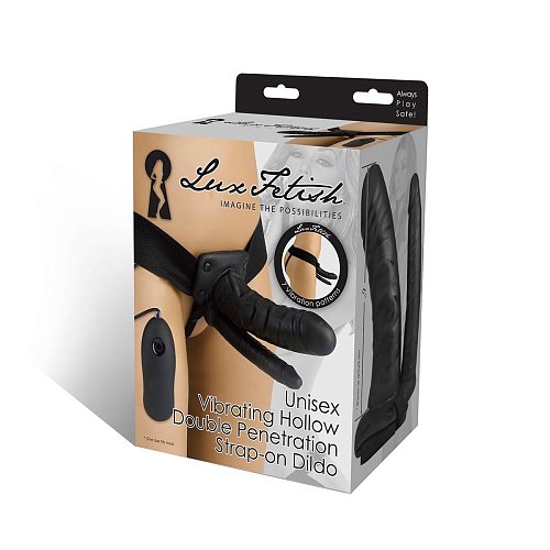 Полый страпон чёрного цвета с двумя отростками и вибрацией Lux Fetish Unisex Vibrating Hollow Strap-On Double Penetrating Dildo LF5305 (17,8 см)