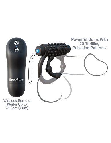 Чёрное эрекционное кольцо с подхватом мошонки и  клиторальной щеточкой с вибрацией Pipedream PD5923-23