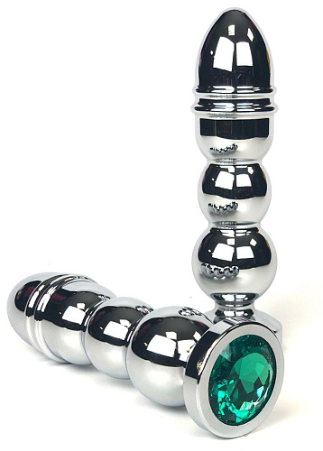 Серебристая закругленная анальная пробка-ёлочка с зелёным кристаллом Vandersex 159-MAT18 (13 см)