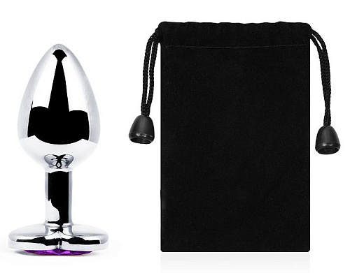 Серебристая анальная пробка с фиолетовым кристаллом-сердечком Anal Jewelry Plug MCH-04 (8 см)