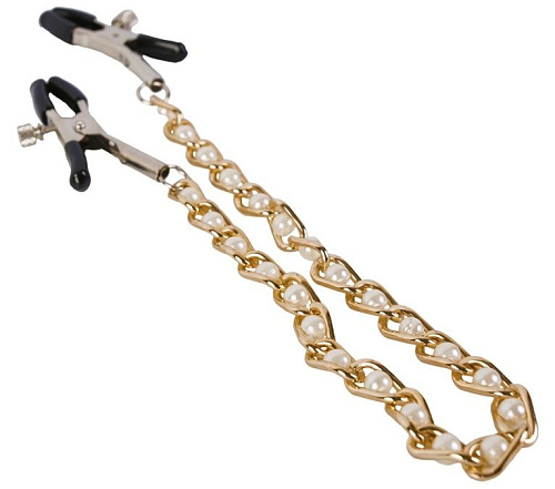 Зажимы на соски с золотистой цепью и белыми бусинками Пикантные штучки DP630A