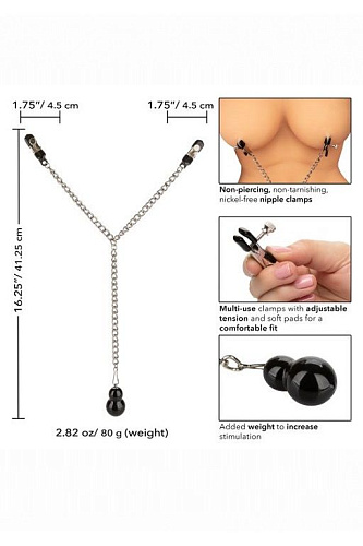 Зажимы для сосков с серебристой цепочкой и утяжелителем California Exotic Novelties Weighted Dual Tier Nipple Clamps SE-2593-01-2