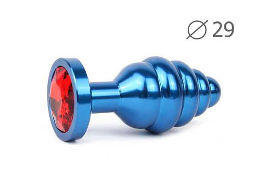 Коническая ребристая синяя анальная втулка с красным кристаллом Anal Jewelry Plug ABL-16-S (7,1 см)