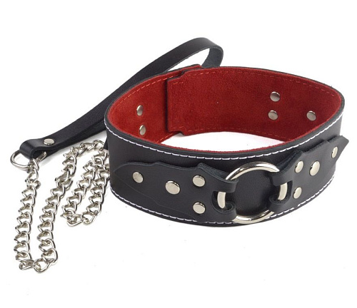 Чёрный кожаный ошейник с красной изнанкой и поводком Sitabella 3122-1