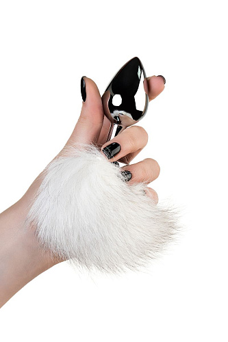 Серебристая анальная пробка с белым заячьим хвостом Wild Lust 9581