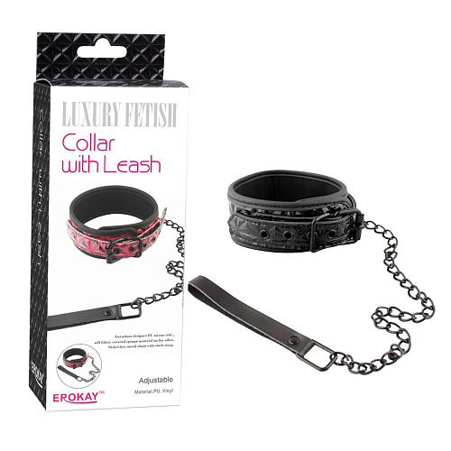Чёрный кожаный ошейник с поводком Erokay Collar With Leash EK-3103BLK