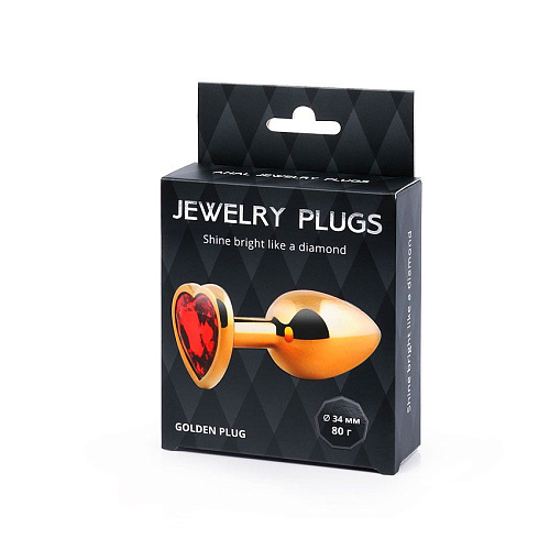 Золотистая анальная пробка с красным стразом-сердечком Anal Jewelry Plug MCHG-16 (8 см)