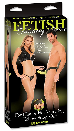 Зеленый флуоресцентный полый страпон унисекс с вибрацией Pipedream For Him or Her Vibrating Hollow Strap-On PD3367-32