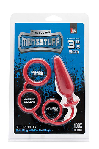 Красное эрекционное кольцо с подхватом и анальным стимулятором Dream Toys MENZSTUFF 3.5INCH DOUBLE RING ANAL PLUG 21278