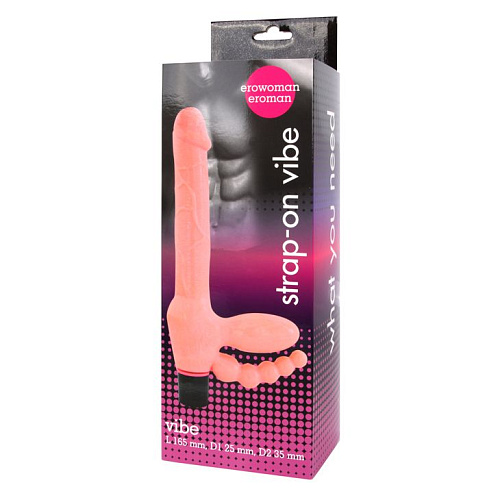 Телесный безремневой страпон с анальным отростком Bior toys EE-10122