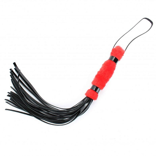 Чёрная плеть из лака с красным мехом БДСМ арсенал BDSM Light 740005 (43 см)